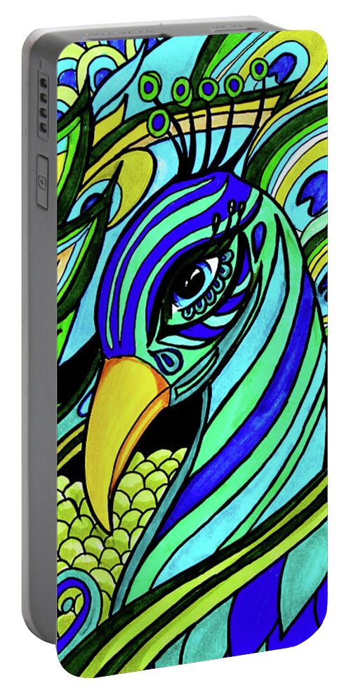 Peacock Portable Battery Charger featuring the mixed media Peacock by Lora Tout