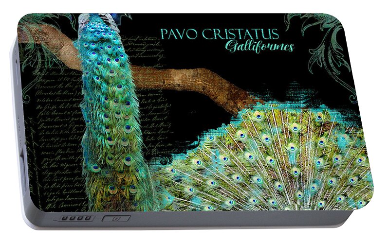Regal Portable Battery Charger featuring the mixed media Peacock Pair on Tree Branch Tail Feathers by Audrey Jeanne Roberts