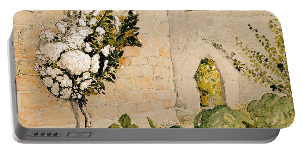 Samuel Palmer Portable Battery Charger featuring the painting Pear Tree in a Walled Garden by Samuel Palmer