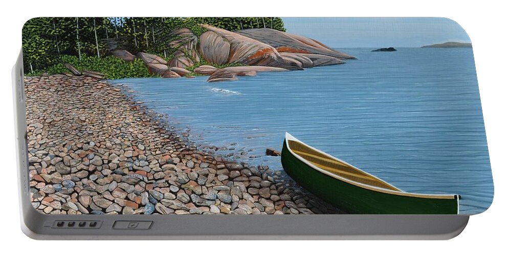 Canoe Portable Battery Charger featuring the painting Pebble Beach by Kenneth M Kirsch