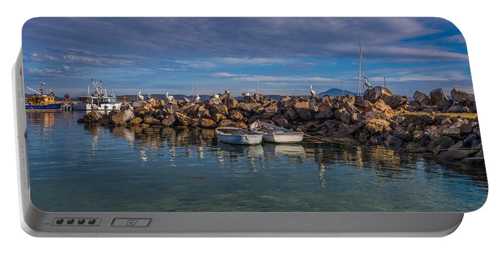 Pelican Portable Battery Charger featuring the photograph Pelicans at Eden Wharf by Racheal Christian