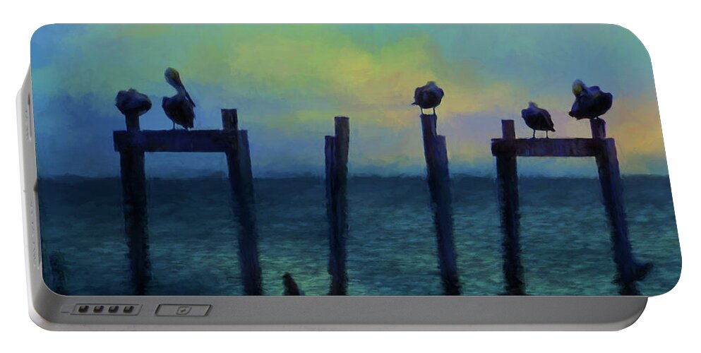 Pelicans Portable Battery Charger featuring the photograph Pelicans At Sunset by Jan Amiss Photography
