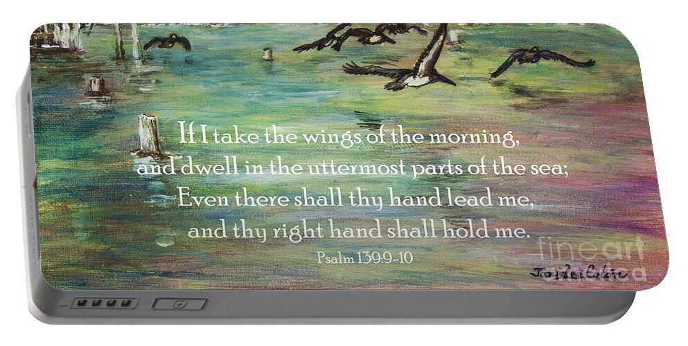 Inspirational Portable Battery Charger featuring the digital art Pelicans Fly Psalm 139 by Janis Lee Colon