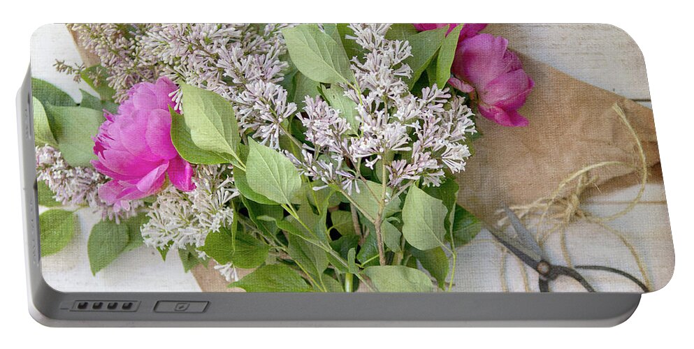 Lilacs Portable Battery Charger featuring the photograph Peonies and Lilacs 3 by Rebecca Cozart