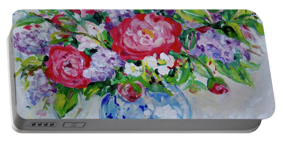 Flowers Portable Battery Charger featuring the painting Peonies and Lilacs by Ingrid Dohm