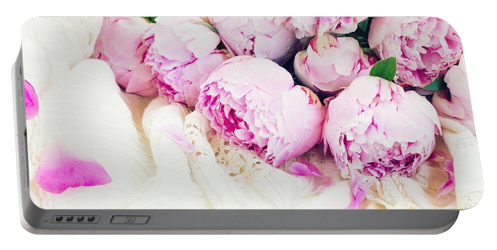 Romance Portable Battery Charger featuring the photograph Peonies and Wedding Dress by Anastasy Yarmolovich