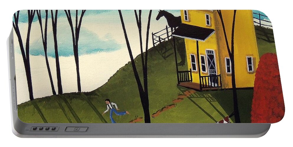 Art Portable Battery Charger featuring the painting Perfect Day - folk art country landscape by Debbie Criswell