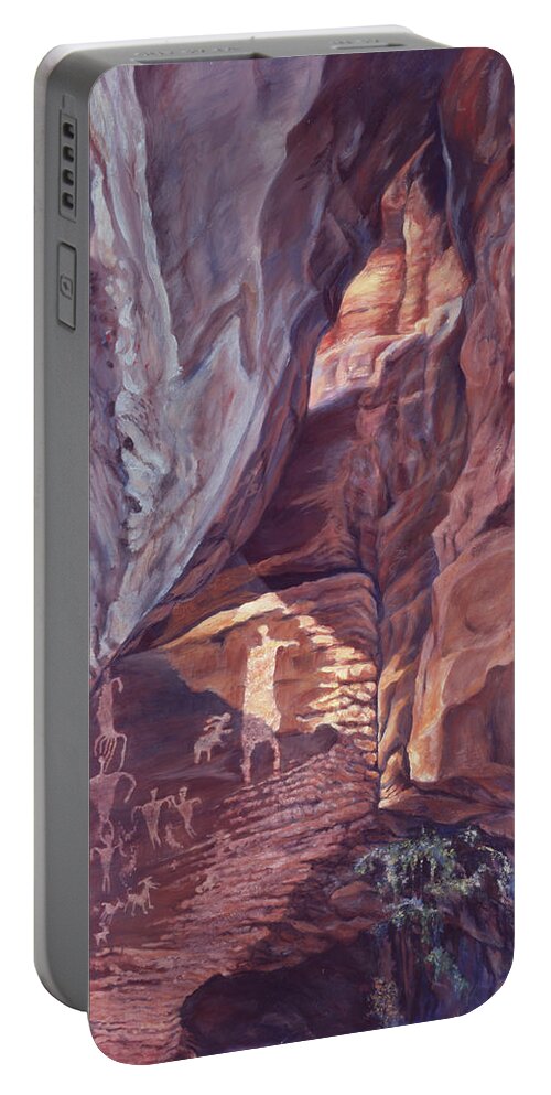 Landscape Portable Battery Charger featuring the painting Petroglyph Circus by Page Holland