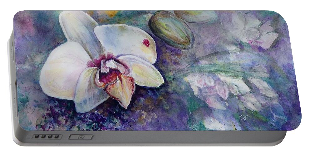 Phalaenopsis Orchid With Hyacinth Background Portable Battery Charger featuring the painting Phalaenopsis Orchid with Hyacinth Background by Ryn Shell