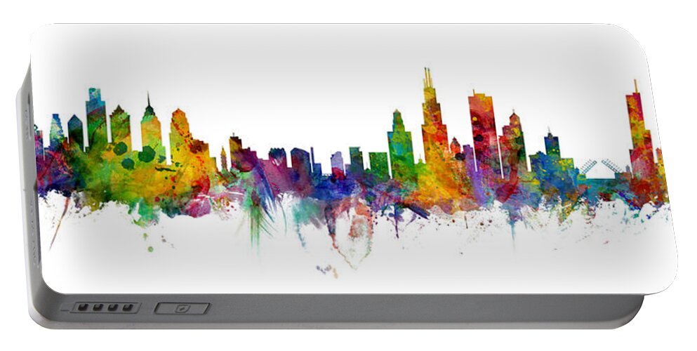 Chicago Portable Battery Charger featuring the digital art Philadelphia and Chicago Skylines Mashup by Michael Tompsett