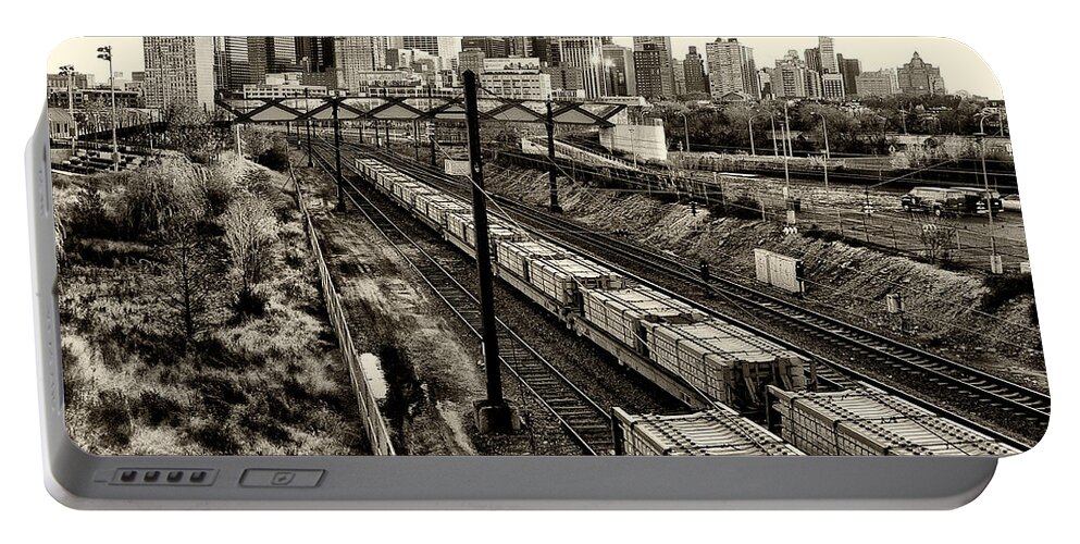 Philadelphia Portable Battery Charger featuring the photograph Philadelphia Cityscape from the Rail Road Tracks in Sepia by Bill Cannon