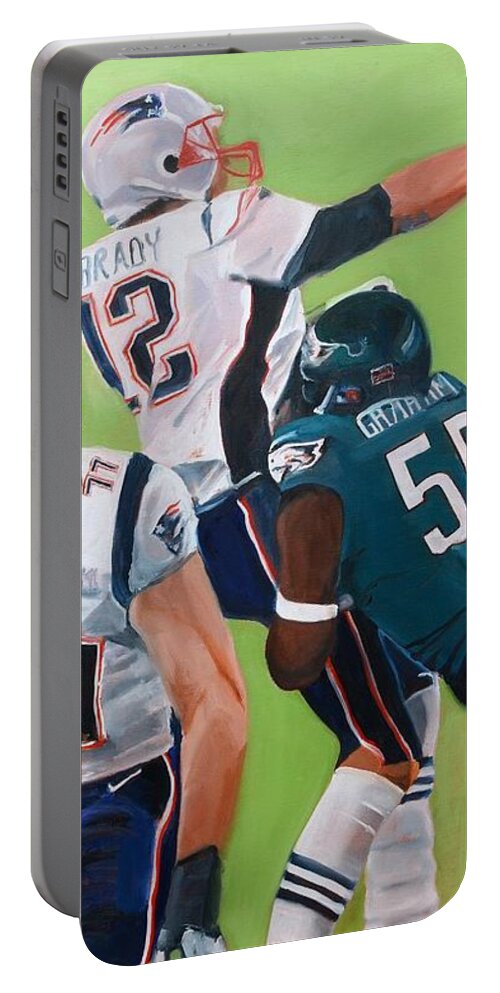 Football Portable Battery Charger featuring the painting Philadelphia Eagles Strip-Sack of Tom Brady in Super Bowl LII by Donna Tuten