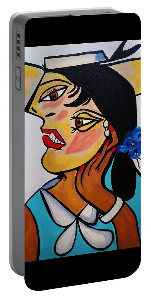 Picasso By Nora Portable Battery Charger featuring the painting Yellow Hat Picasso by Nora Shepley