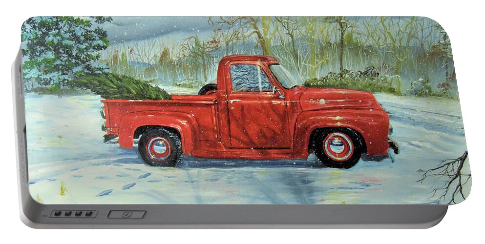 Truck Portable Battery Charger featuring the painting Picking Up the Christmas Tree by Nicole Angell