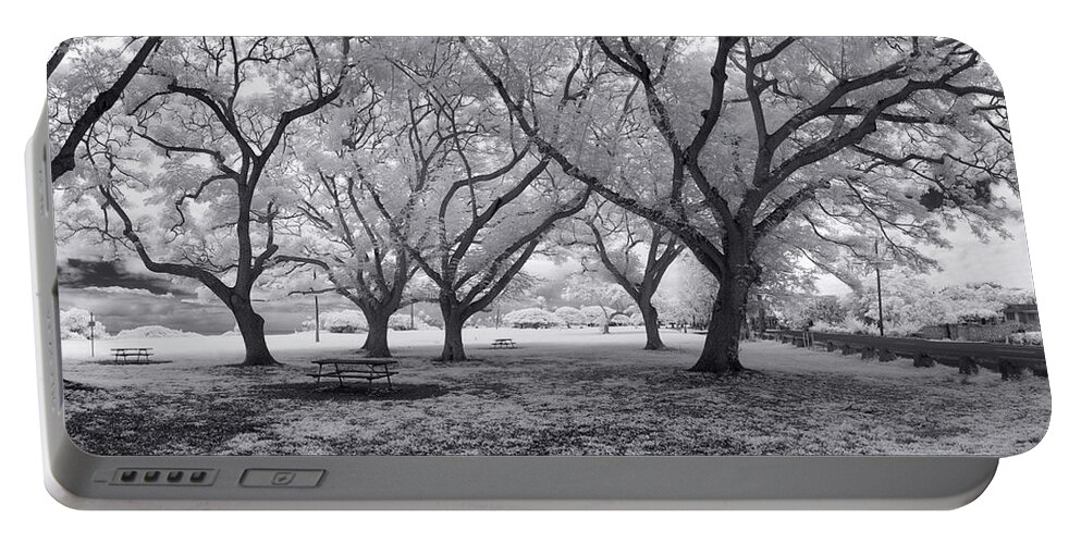 Black And White Portable Battery Charger featuring the photograph Picnic Bench Dream by Sean Davey