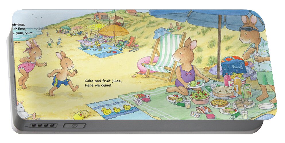 Sunny Bunnies Portable Battery Charger featuring the painting Picnic Lunch on the Beach -- With Text by June Goulding