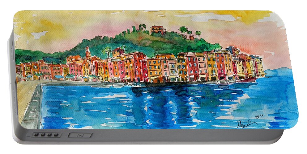 Portofino Painting Portable Battery Charger featuring the painting Picturesque Portofino in Ligure Italy by M Bleichner