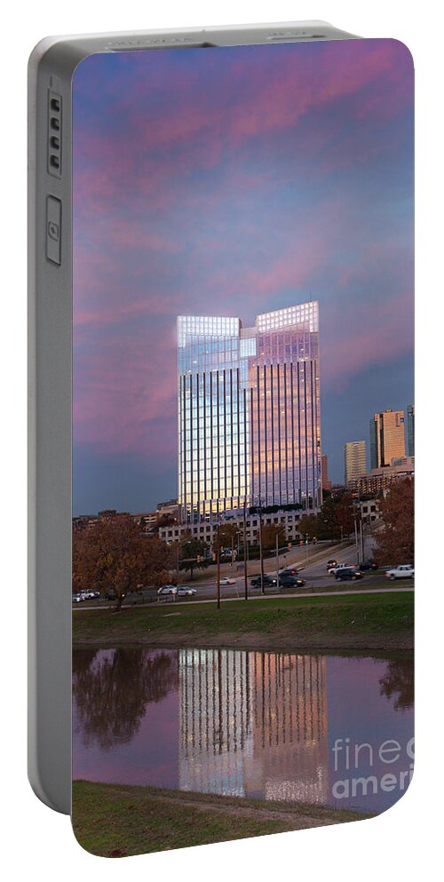 Pier 1 Imports Inc. Is A Fort Worth Portable Battery Charger featuring the photograph Pier 1 Building and the Trinity River, Downtown Ft. Worth Texas U S A by Greg Kopriva