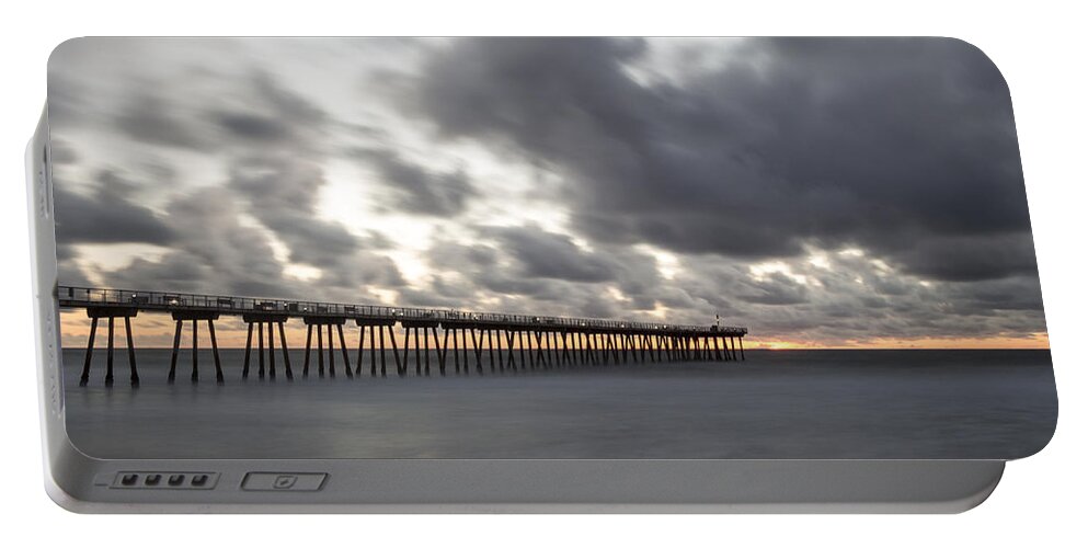 Shore Portable Battery Charger featuring the photograph Pier in Misty Waters by Ed Clark