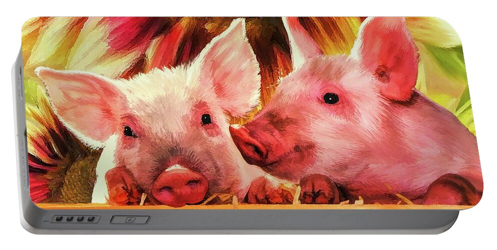 Piglets Portable Battery Charger featuring the painting Piglet Playmates by Tina LeCour