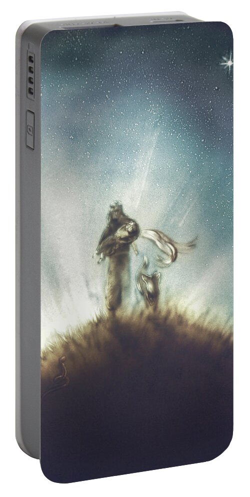 The Little Prince Portable Battery Charger featuring the painting Pilot, Little Prince and Fox by Elena Vedernikova