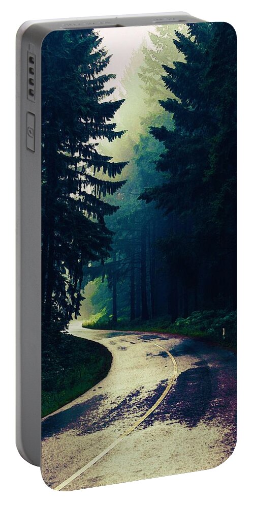 Nature Portable Battery Charger featuring the painting Pine forest road by Celestial Images