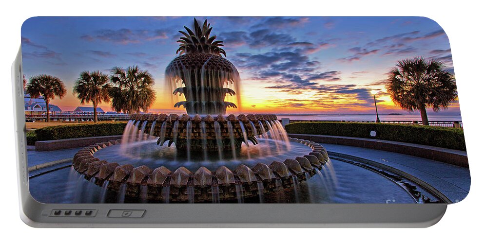 Charleston Portable Battery Charger featuring the photograph The Pineapple Fountain at Sunrise in Charleston, South Carolina, USA by Sam Antonio