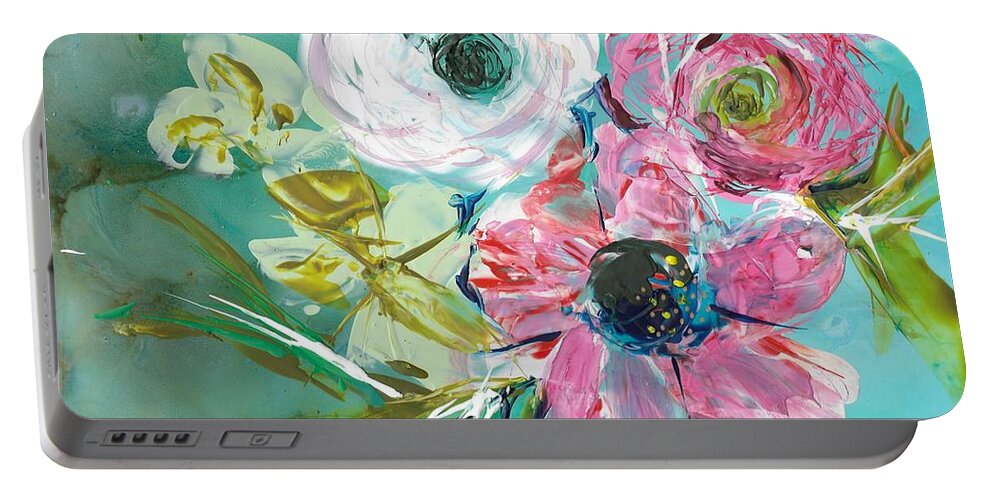 Abstract Floral Portable Battery Charger featuring the painting Pink Affair by Bonny Butler