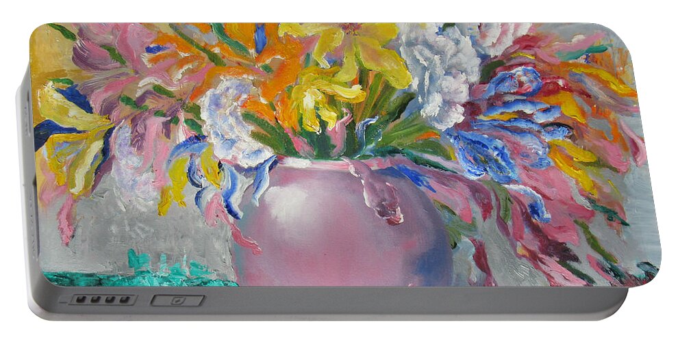 Still Life Portable Battery Charger featuring the painting Pink Bowl by Lisa Boyd