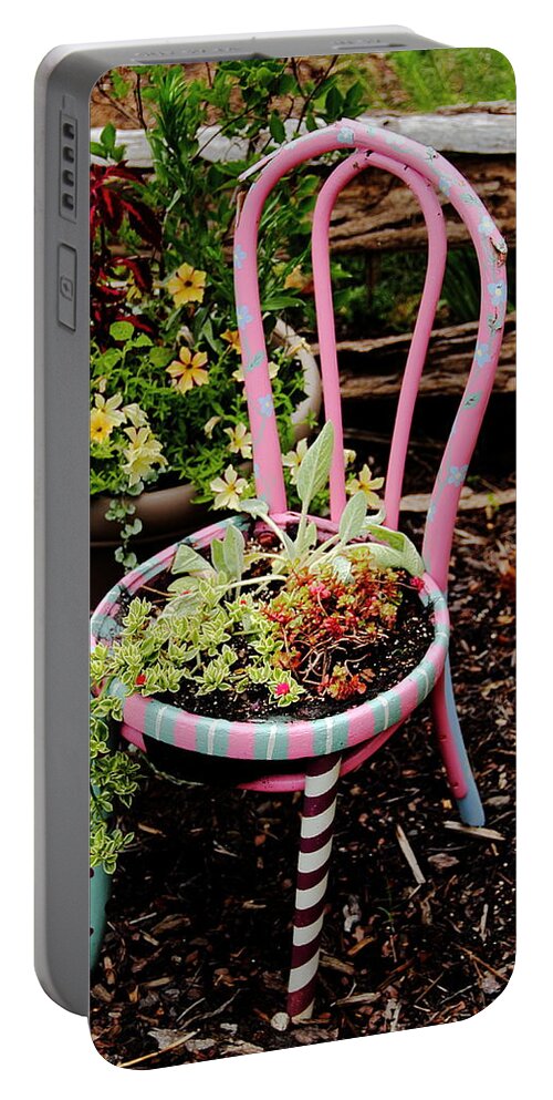 Chair Portable Battery Charger featuring the photograph Pink Chair Planter by Allen Nice-Webb