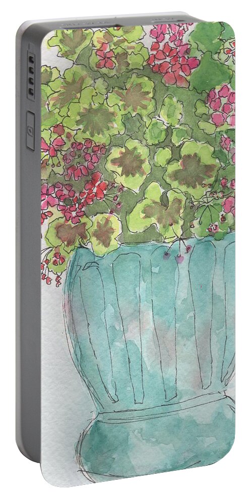 Watercolor Portable Battery Charger featuring the painting Pink Geraniums by Marcy Brennan