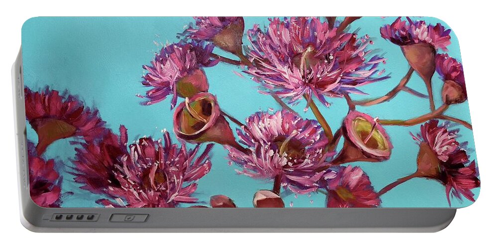 Pink Gum Blossoms. Pink Portable Battery Charger featuring the painting Pink Gum Blossoms by Chris Hobel