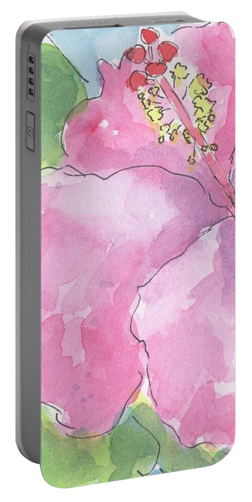 Watercolor Portable Battery Charger featuring the painting Pink Hibiscus by Marcy Brennan