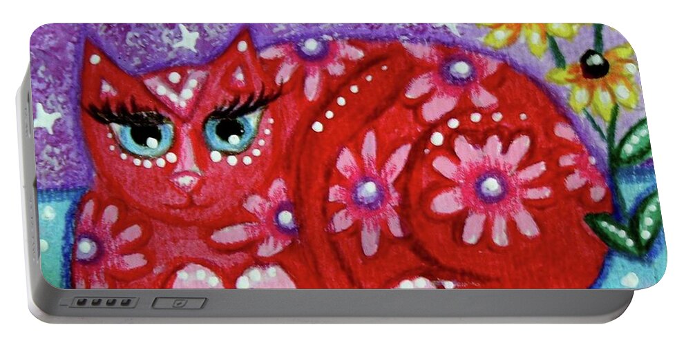 Kitty Portable Battery Charger featuring the painting Pink Kitty Cat with Black Eyed Susans by Monica Resinger