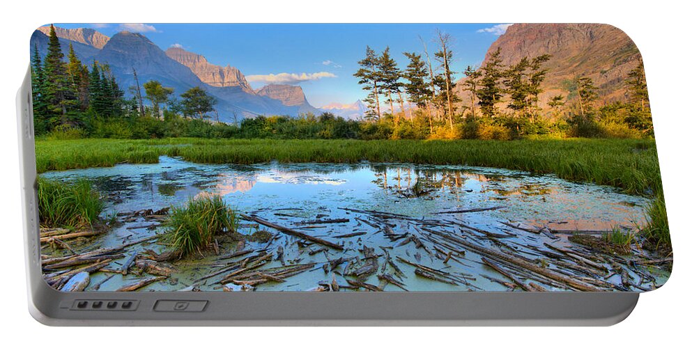 St Mary Lake Portable Battery Charger featuring the photograph Pink Peaks Over Driftwood by Adam Jewell