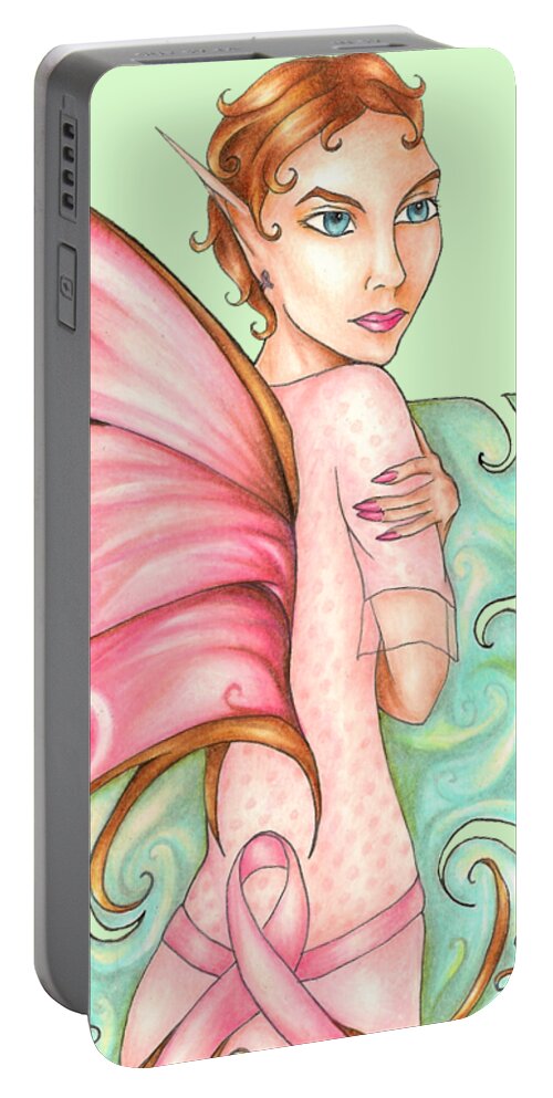 Pink Ribbon Fairy Portable Battery Charger featuring the drawing Pink Ribbon Fairy For Breast Cancer Awareness by Kristin Aquariann