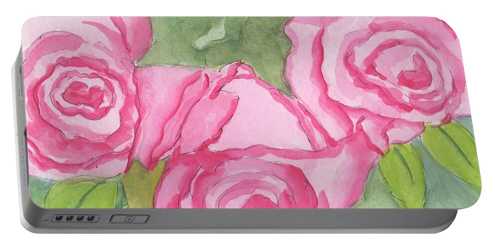 Watercolor Portable Battery Charger featuring the painting Pink Roses by Marcy Brennan