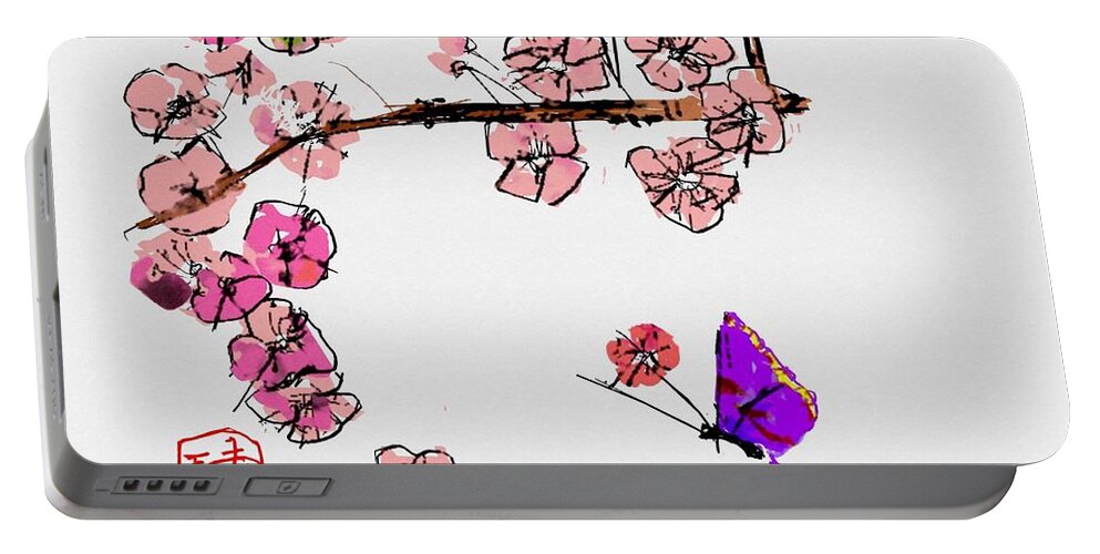 Flowers. Plum. Portable Battery Charger featuring the digital art Pink Spring by Debbi Saccomanno Chan
