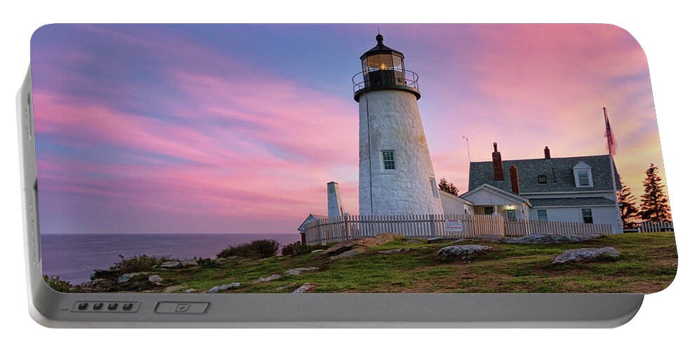 Pemaquid Point Lighthouse Portable Battery Charger featuring the photograph Pink Sunset at Pemaquid Point by Kristen Wilkinson