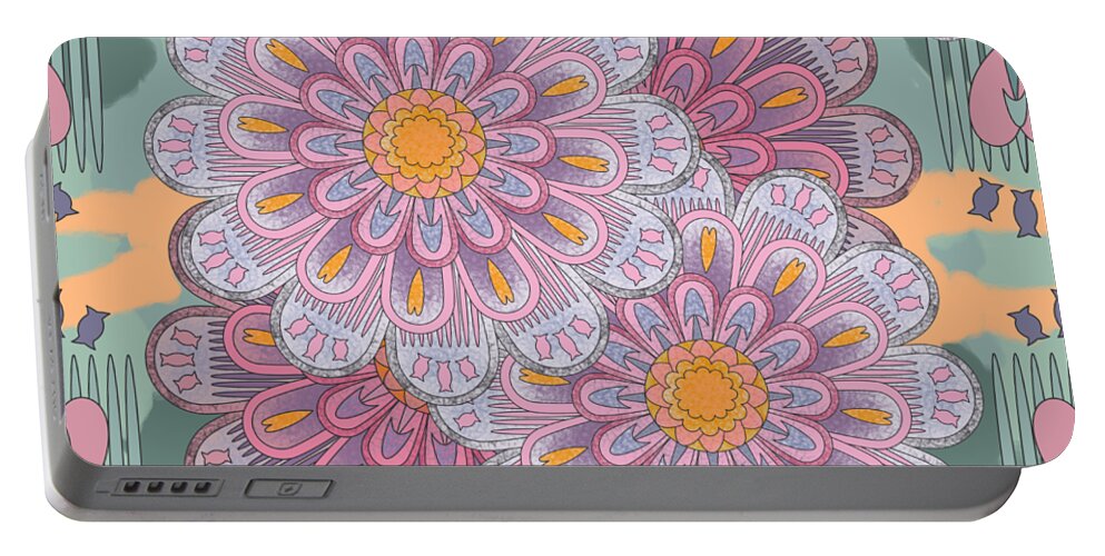 Pink Portable Battery Charger featuring the digital art Pink Zinnia Mandala by April Burton
