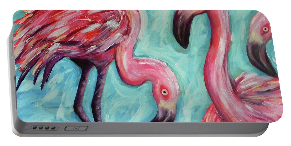 Flamingo Portable Battery Charger featuring the painting Pinkies by JoAnn Wheeler