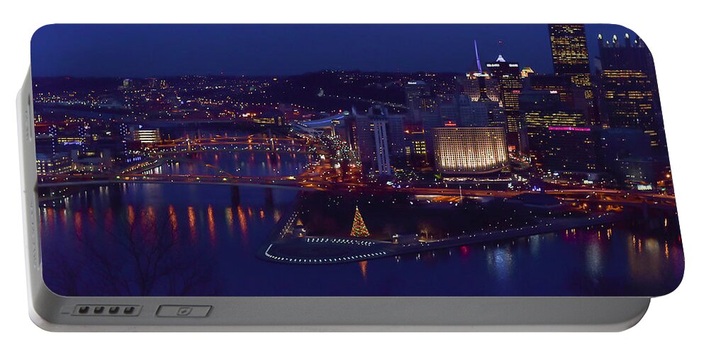 Terry D Photography Portable Battery Charger featuring the photograph Pittsburgh Skyline at Night Christmas Time by Terry DeLuco