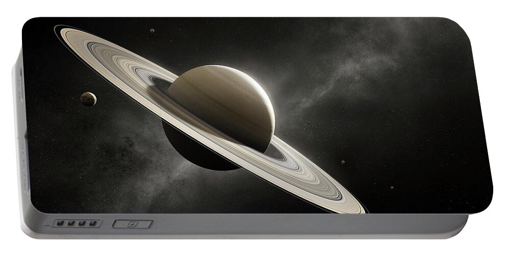 Saturn Portable Battery Charger featuring the photograph Planet Saturn with major moons by Johan Swanepoel