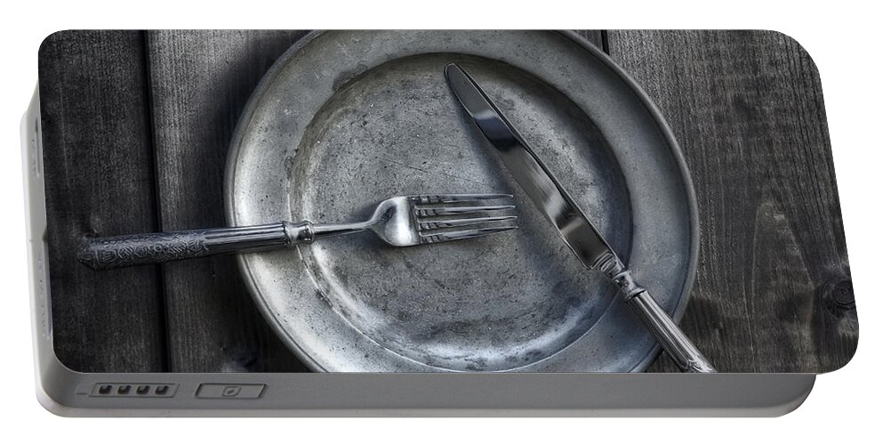 Silver Portable Battery Charger featuring the photograph Plate With Silverware by Joana Kruse