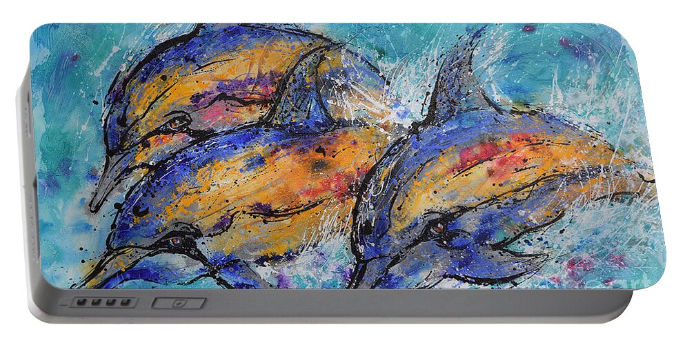 Dolphins Portable Battery Charger featuring the painting Playful Dolphins by Jyotika Shroff