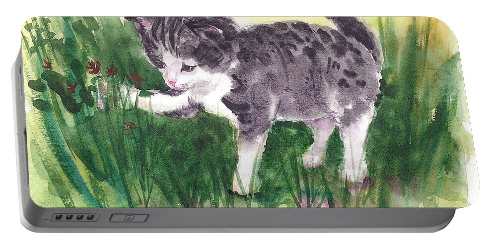 Kitten Portable Battery Charger featuring the painting Playful Kitten by Asha Sudhaker Shenoy