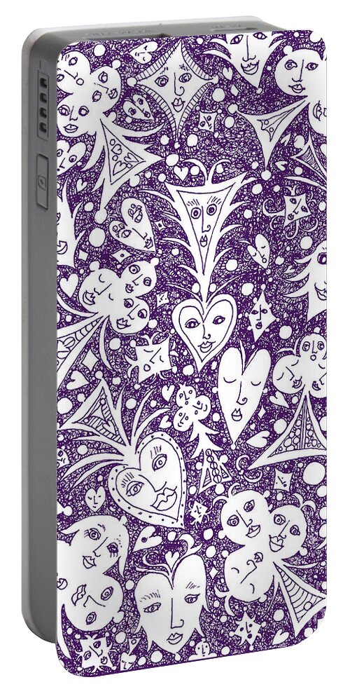 Lise Winne Portable Battery Charger featuring the drawing Playing Card Symbols with Faces in Purple by Lise Winne