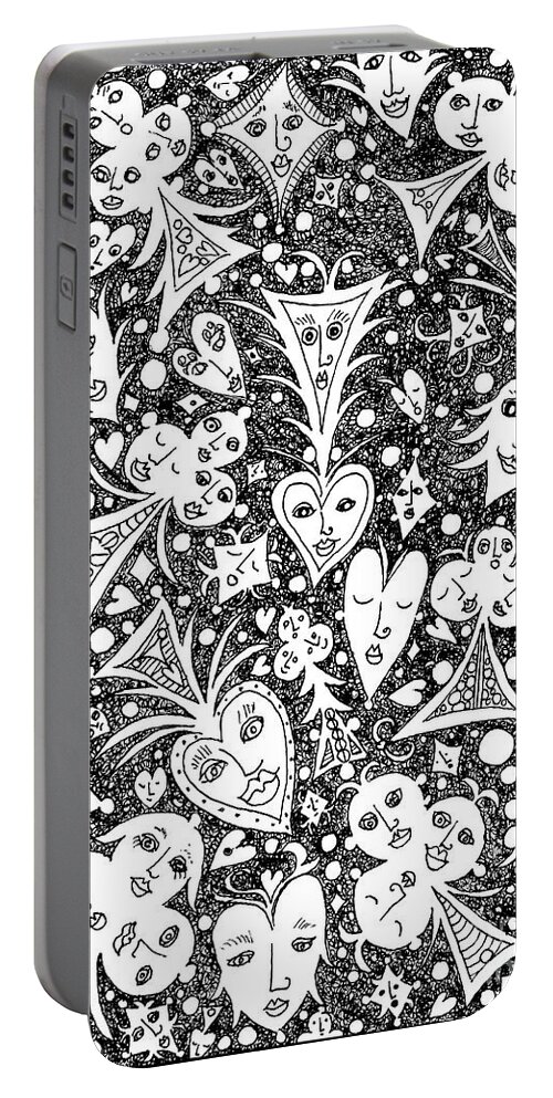 Lise Winne Portable Battery Charger featuring the drawing Playing Card Symbols with Faces by Lise Winne
