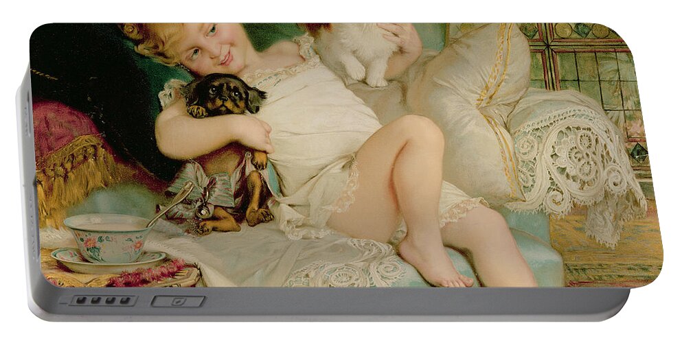 Playmates Portable Battery Charger featuring the painting Playmates by Emile Munier
