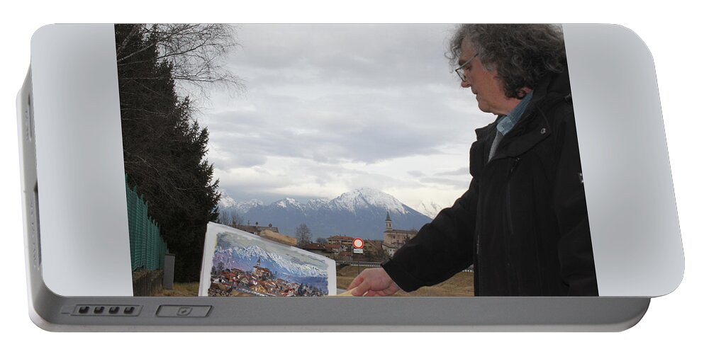  Portable Battery Charger featuring the painting Plein Air in Limano, Belluno, Italy by Ylli Haruni